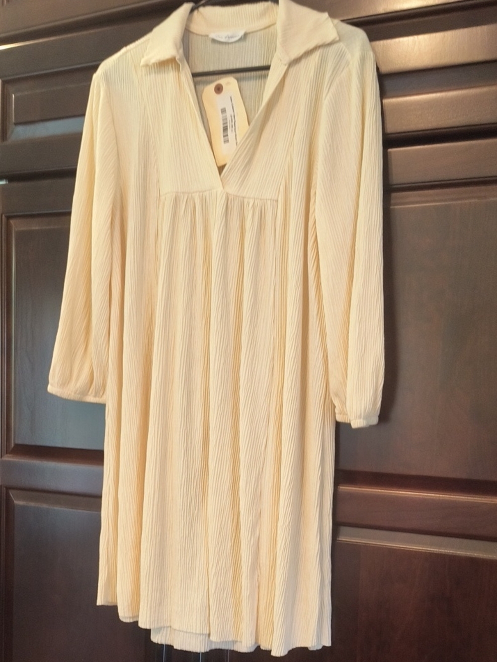 Cream Pleated V-Neck Long Sleeve Dress